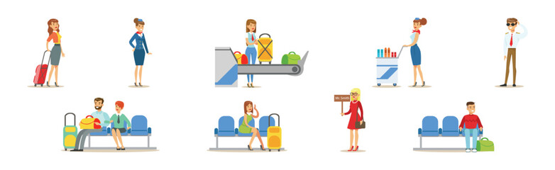 Different People Character in Airport Terminal Vector Set