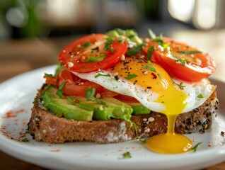 Avocado Toast Egg Eggs Tomatoes Bread Breakfast Close-Up Food Dining Blurred Background Image