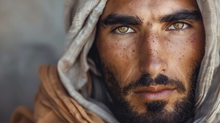 Arab widespread across the Middle East and North Africa Man, hyper realistic portrait, isolated on a solid background, with empty copy space. - obrazy, fototapety, plakaty