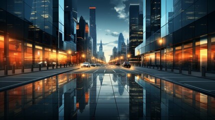 A photo of a modern city street with skyscrapers made of glass and steel reflecting the lights of the city.