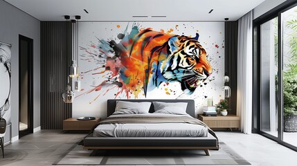 A detailed watercolor splash art of a powerful tiger, its stripes painted in vivid colors,...
