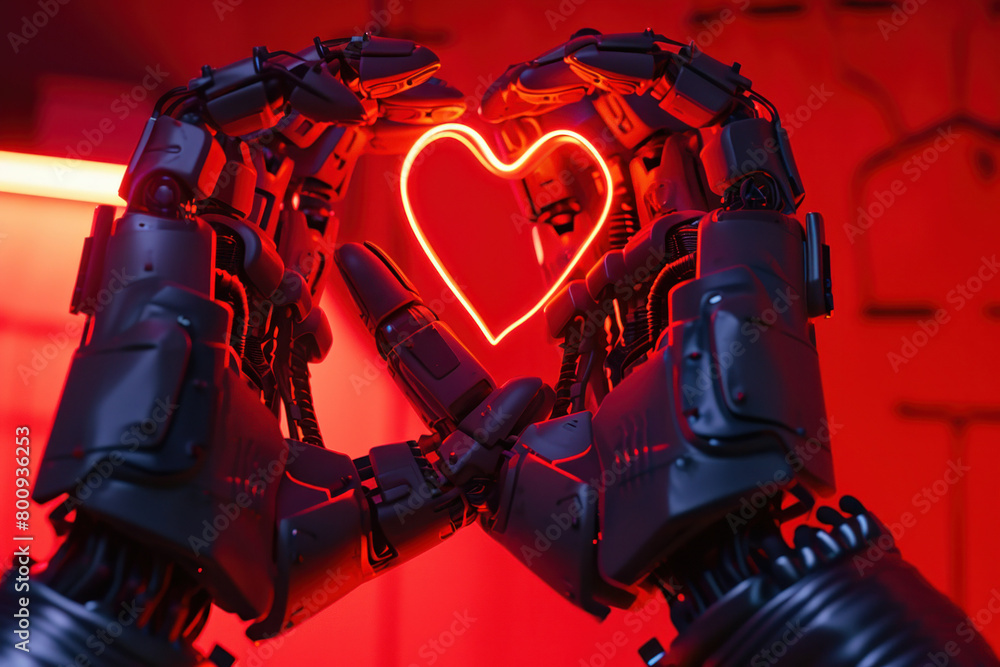 Poster futuristic robotic hands creating heart shape with glowing neon lights on vibrant red background