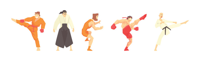 Man as Martial Arts Fighter and Warrior Vector Set