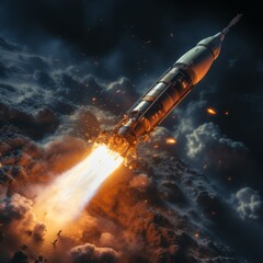 Obraz premium Space shuttle rocket in deep space with clouds and Earth planet.