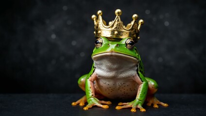 A majestic frog with a regal expression sits proudly wearing a golden crown, symbolizing royalty and status against a dark backdrop