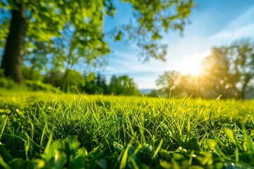 a vibrant landscape dominated by lush, green grass in the foreground