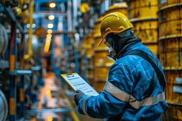 An employee is reviewing the dangerous substance data sheet in the chemical storage section of the workplace. Occupational safety procedure. Focused shot.