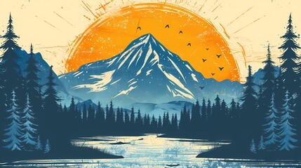 Snow mountain and sunrise illustration poster background