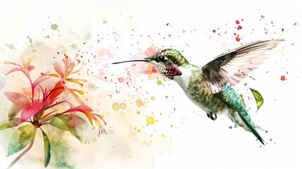 A detailed watercolor splash art of a hummingbird hovering over a flower, isolated on a pure white background, capturing the essence of pollination.