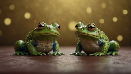 Two visually similar green frogs facing each other with a beautiful bokeh background enhancing their connection