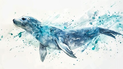 A detailed watercolor painting of a playful seal, its body a blend of cool blues and silvers, bringing a touch of the ocean to the bathroom of a modern luxury house.