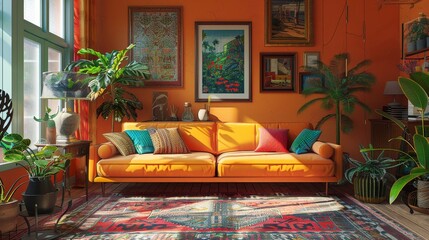 Eclectic Living Room Accessories Selection: A 3D illustration featuring an eclectic living room with a curated selection of accessories