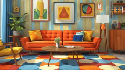 Eclectic Living Room Colorful Patterns: An illustration showcasing an eclectic living room with colorful patterns