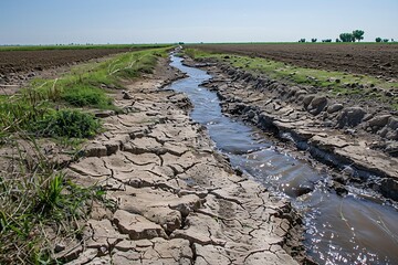 Irrigation channel affected by prolonged drought, causing water scarcity and agricultural distress.
