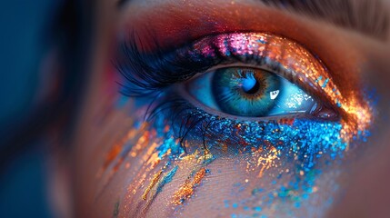 Macro shot of woman's eye adorned with vibrant makeup inspired by the Indian festival of Holi.