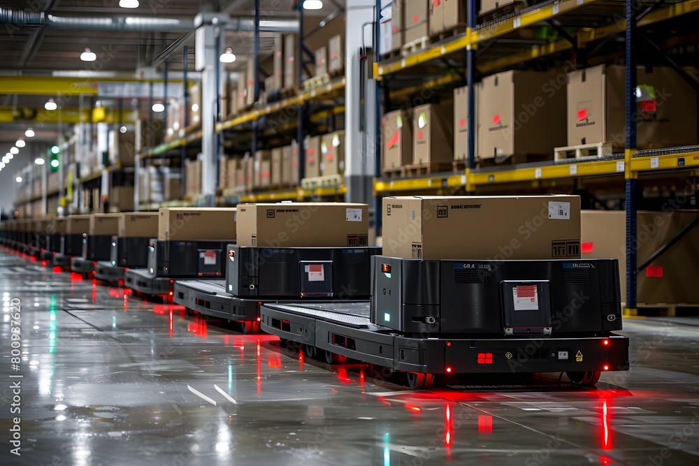 Poster autonomous delivery robots navigating through a modern warehouse