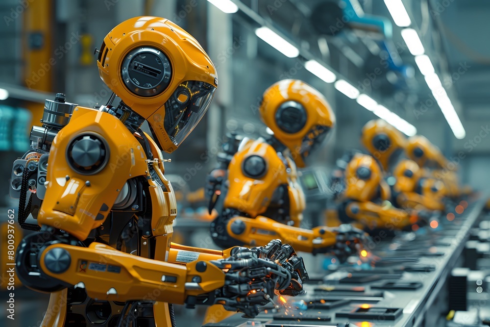 Poster advanced robotics assembly line in an industrial factory