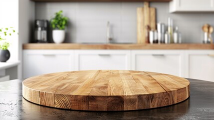 A vacant, lovely circular wooden surface in a pristine and illuminated kitchen setting, ideal for showcasing product images.