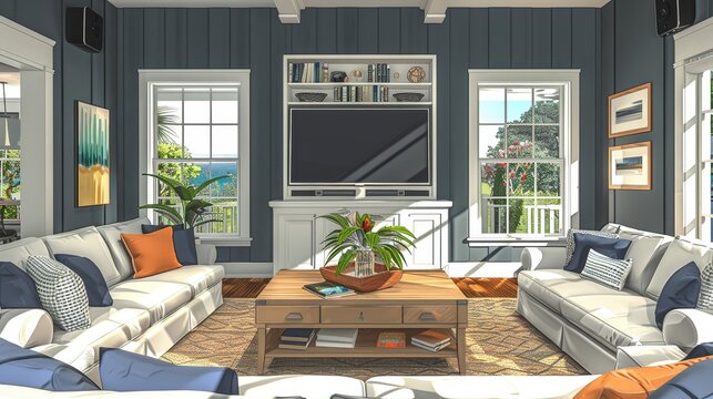 Family Living Room Entertainment Area: A 3D illustration highlighting a living room with an entertainment area
