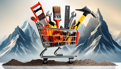 Small shopping cart with set of construction tools isolated 