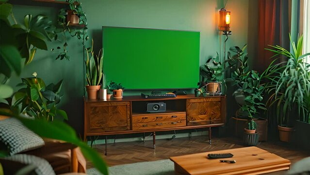cozy living room, on the wall a flat screen tv with green screen, minimalistic editorial aesthetic,generative ai