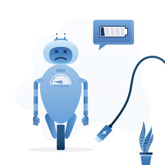 Cyborg with low battery charge. Robot with artificial intelligence dreaming about charging battery. Charge battery, ineffective work.