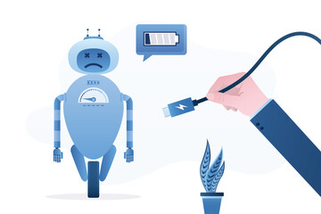 Cyborg with low battery charge. Robot with artificial intelligence dreaming about charging battery. human hand holds charger cord to help robot. Charge battery, ineffective work.