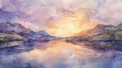 Peaceful watercolor scene of a quiet river flowing under a twilight sky, the smooth water reflecting the calming colors above