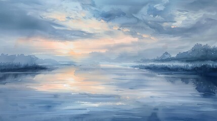 Obraz premium Peaceful watercolor scene of a quiet river flowing under a twilight sky, the smooth water reflecting the calming colors above