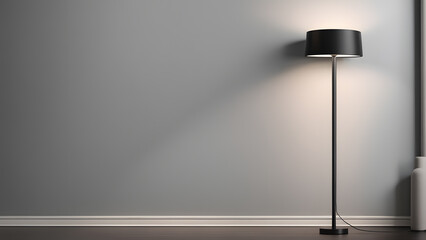 A black lamp is sitting on a wooden floor in front of a white wall