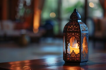 Arabic lantern with burning candle - obrazy, fototapety, plakaty