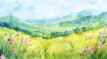 Peaceful watercolor scene of a rolling meadow with wildflowers, intended to soothe and uplift spirits with its vibrant colors - obrazy, fototapety, plakaty