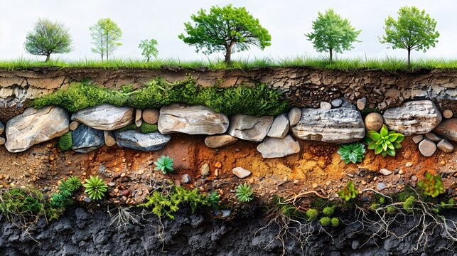 Illustration of vertical soil layers with green turf and underground strata of natural minerals, sand, and mud, rendered in isometric view.