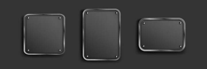 Black metal labels set isolated on background. Vector realistic illustration of blank square and rectangular stainless steel frames, grungy aluminum plaques with scratches and rivets, game ui elements