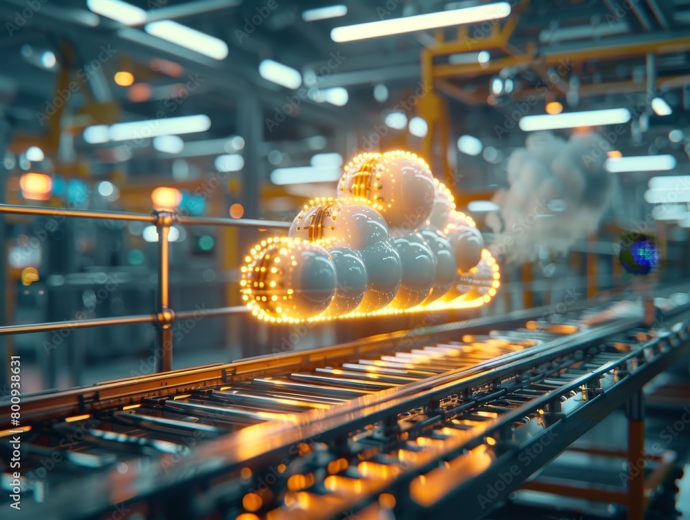 Poster cloud computing benefits automotive engineers optimizing assembly lines, factory interior with detai