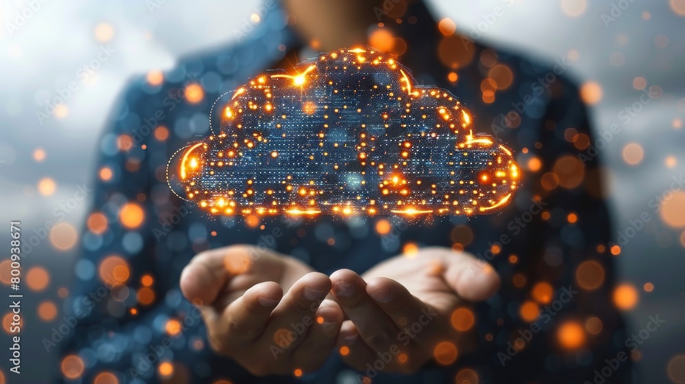 Poster enhanced security features like biometric hand scans for cloud access, with data overlay in a high-s