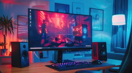 A crystal-clear computer monitor displaying a dynamic gaming scene on a rich maroon base.