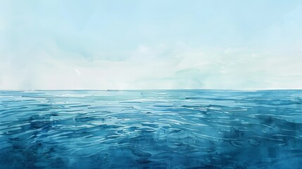 Serene watercolor of a distant horizon where the sky meets the calm sea, soothing shades of blue creating a tranquil scene