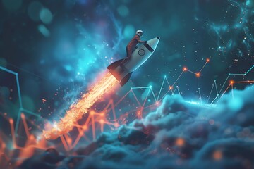 A motivational depiction of a businessman on a rocket, ascending above a graph with rising profits
