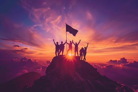 A panoramic view of a business team standing united on a peak, celebrating a milestone with a flag marked Goal