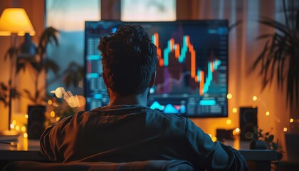 Obraz premium A day trader at home watching fluctuations in stock prices, reacting to changes with speed