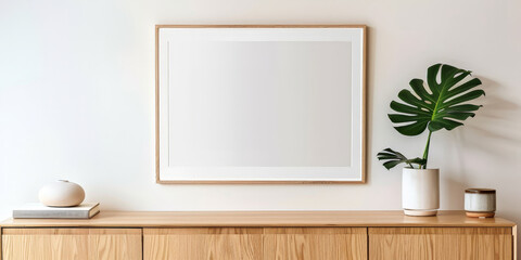  empty picture frame hanging on the wall in front of a modern wooden sideboard. black white frame mockup with plant on white wall with wooden sideboard