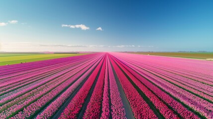 Obraz premium A field of pink flowers with a blue sky in the background