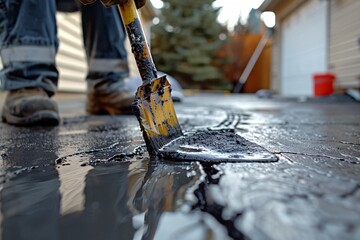 Applying tar sealant to fix fissures on pavement. - obrazy, fototapety, plakaty