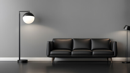 A black couch sits in front of a wall with a lamp on the floor