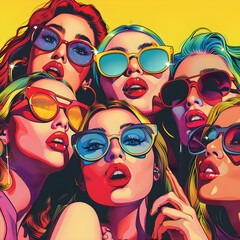 Obraz premium Pop art style influencer taking a group selfie at a party with bright colors and exaggerated facial expressions.