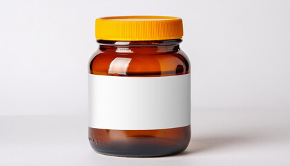 Amber Glass Jar with Blank Label on White Background for Packaging Design - Mockup