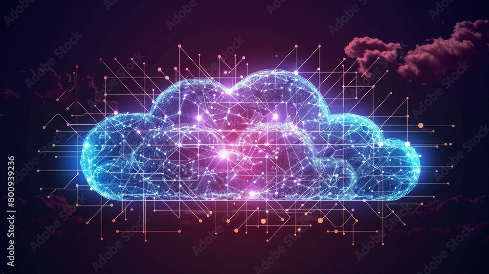Poster cloud computing backdrop, abstract network structures with digital blue and purple tones