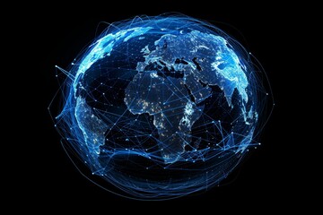 Cloud computing capabilities showcased via global network interface, interactive globe displaying live data transfer, with dark theme