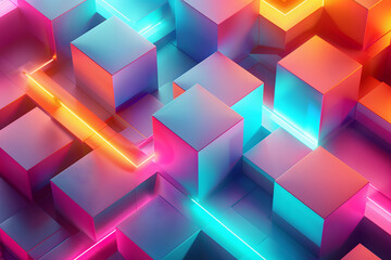 Futuristic Neon Geometric Shapes on a Dynamic Pink and Blue Background